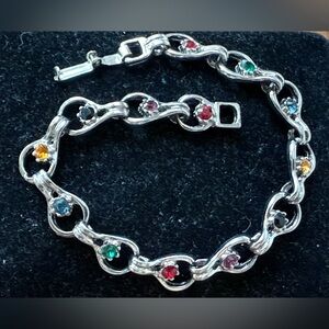 Vintage Silver Tone Multi-color Rhinestone Bracelet 7” Fold Clasp